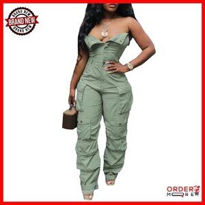 Strapless Denim Jumpsuit Wide Leg Multi Pockets Loose Fit Jean Romper
